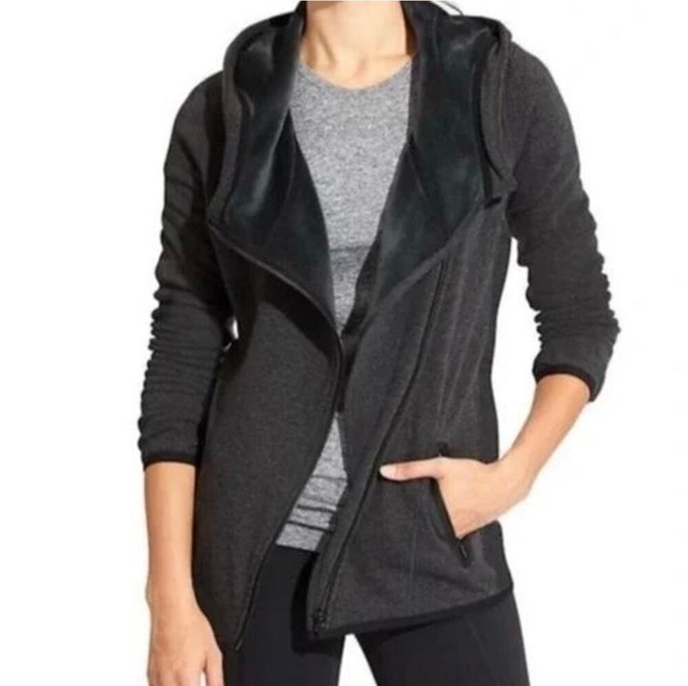 Athleta Gray Cozy Karma Jacket Small Fleece Lined Asymmetircal Zip Front